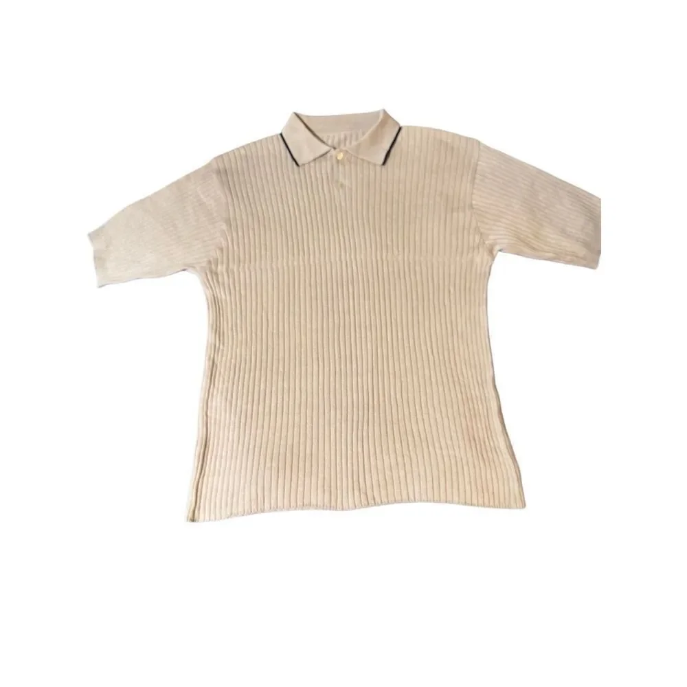 Beige rib knitted short sleeve polo shirt M